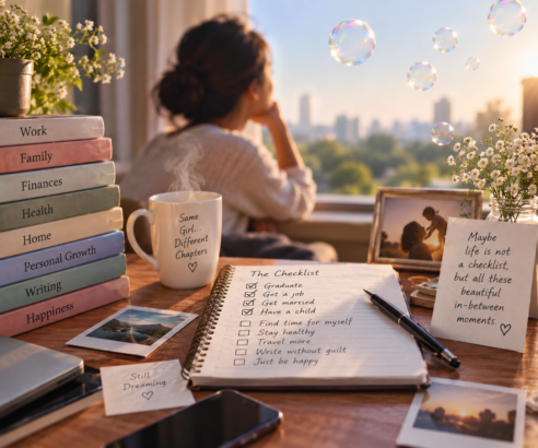 Woman reflecting by a window with a life checklist, books and bubbles